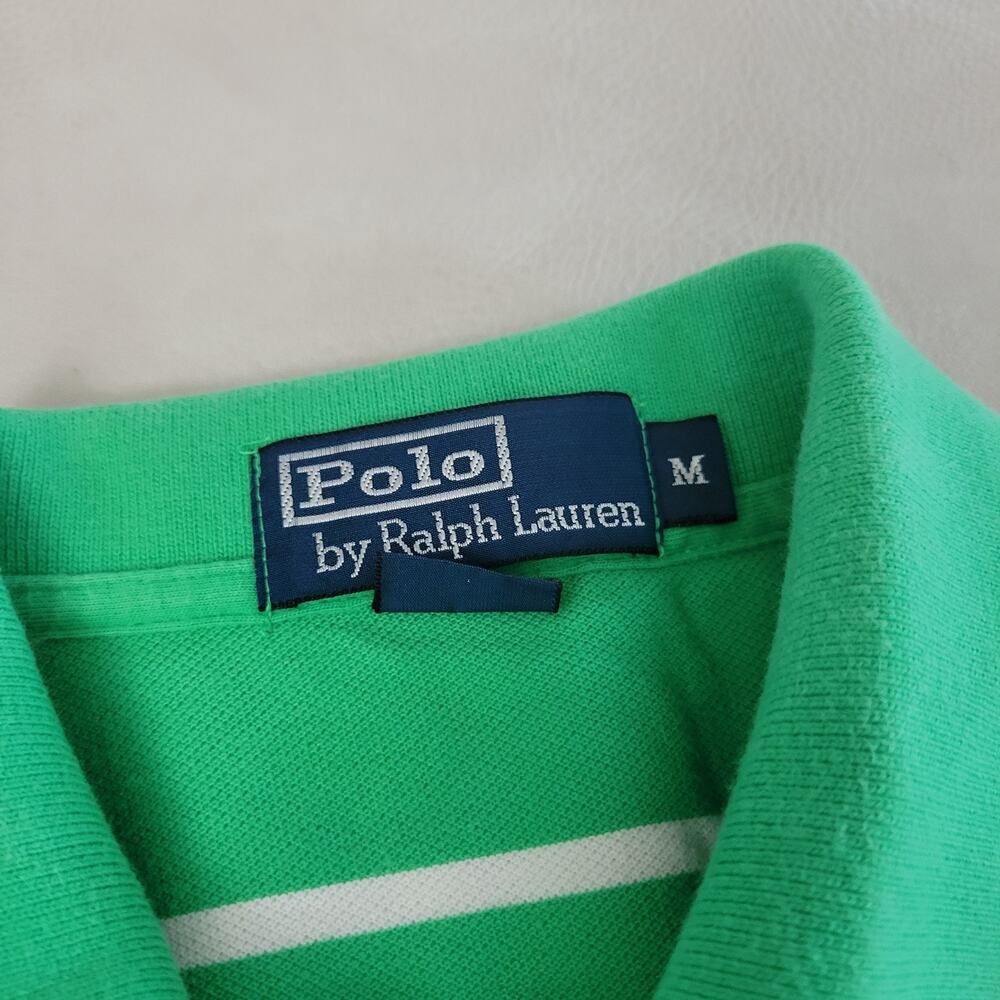Vtg 90s Mens Ralph Lauren Polo Shirt Medium Green White Striped Short Sleeve - Picture 3 of 8